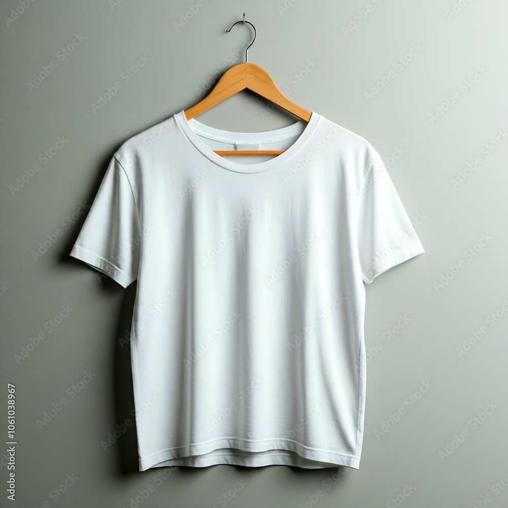 Mockup Plain white t-shirt on wooden hanger against a gray background. Mockup Plain white t-shirt on wooden hanger against a gray background.