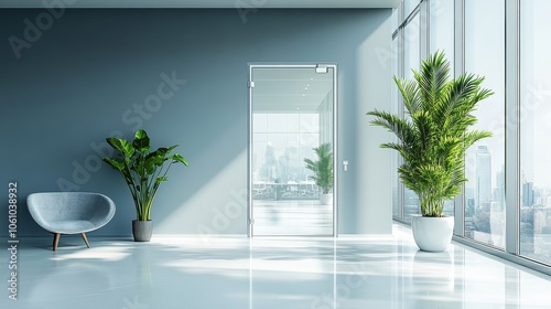 Sleek glass door mockup in contemporary office space, with minimalistic furniture and greenery adding a fresh touch.