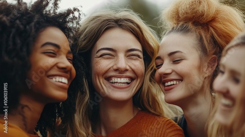 Four diverse young women laughing together, showcasing genuine happiness and friendship.