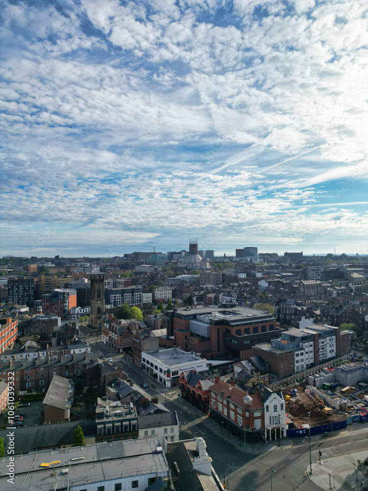 High Angle View of Historical and Modern British City Centre of Liverpool, Maritime city in northwest England, United Kingdom. Aerial Footage Was Captured with Drone's Camera on May 5th, 2024