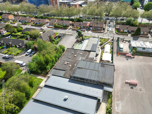 High Angle View of Historical and Modern British City Centre of Liverpool, Maritime city in northwest England, United Kingdom. Aerial Footage Was Captured with Drone's Camera on May 5th, 2024 photo