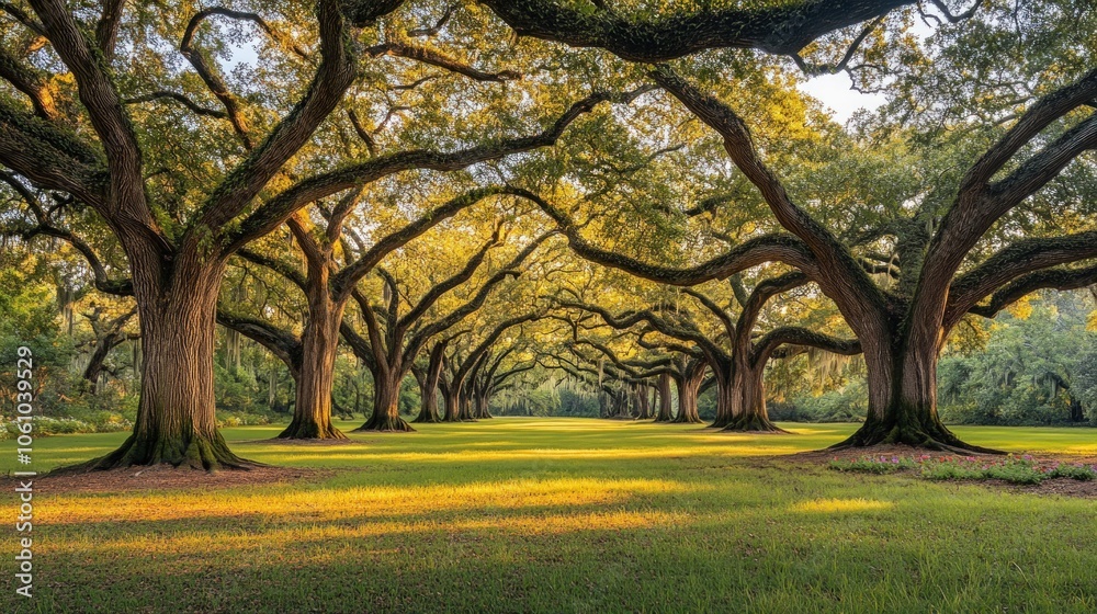Fototapeta premium A picturesque canopy of large oak trees forms an archway over a grassy path, bathed in the warm glow of sunrise.
