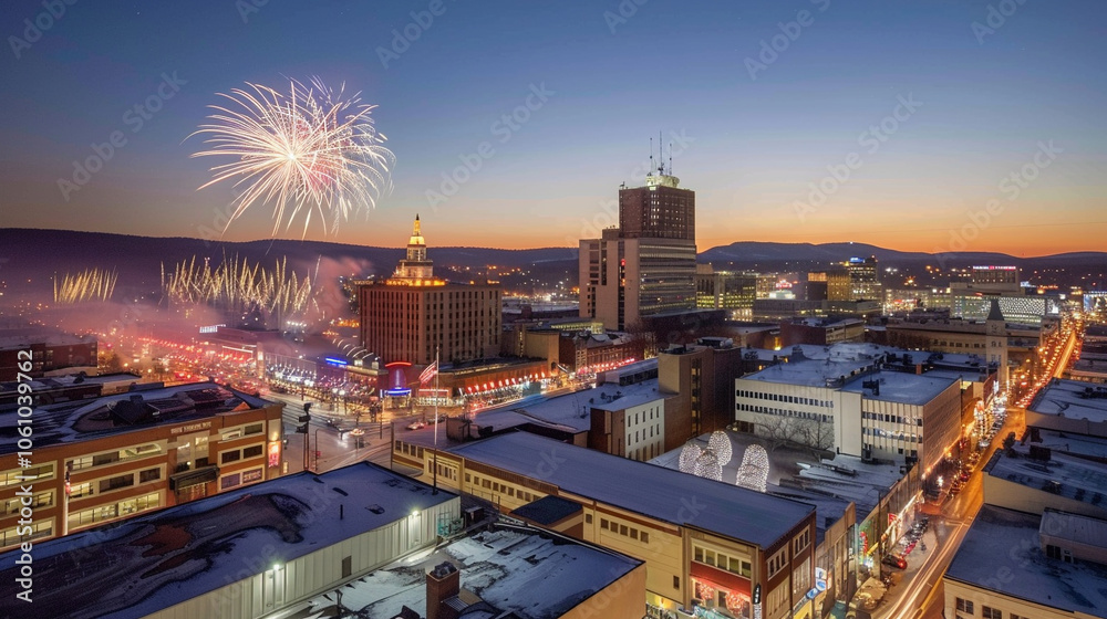 Naklejka premium Aerial view of a bustling cityscape lit up with fireworks, 