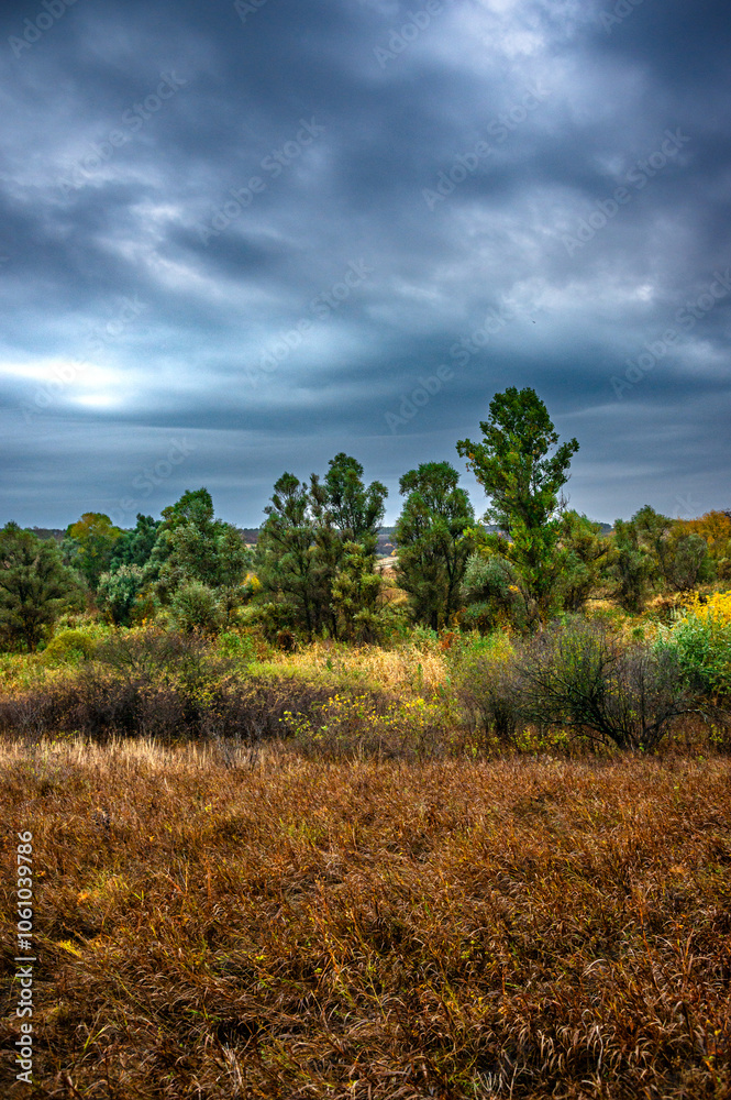Landscape photography on the field with big and smooth clouds in the sky,Stormy weather on the picture.Big blue clouds iver the forest nd field, morning landscape in the woodlands.Aurumn blue hour, Landscape photography on the field with big and smooth clouds in the sky,Stormy weather on the picture.Big blue clouds iver the forest nd field, morning landscape in the woodlands.Aurumn blue hour,