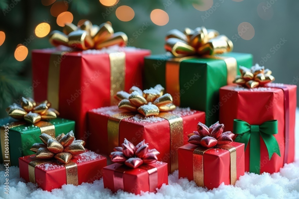Colorful wrapped gifts with shiny bows on a snowy surface, festive decorations, Christmas, holiday spirit Colorful wrapped gifts with shiny bows on a snowy surface, festive decorations, Christmas, holiday spirit