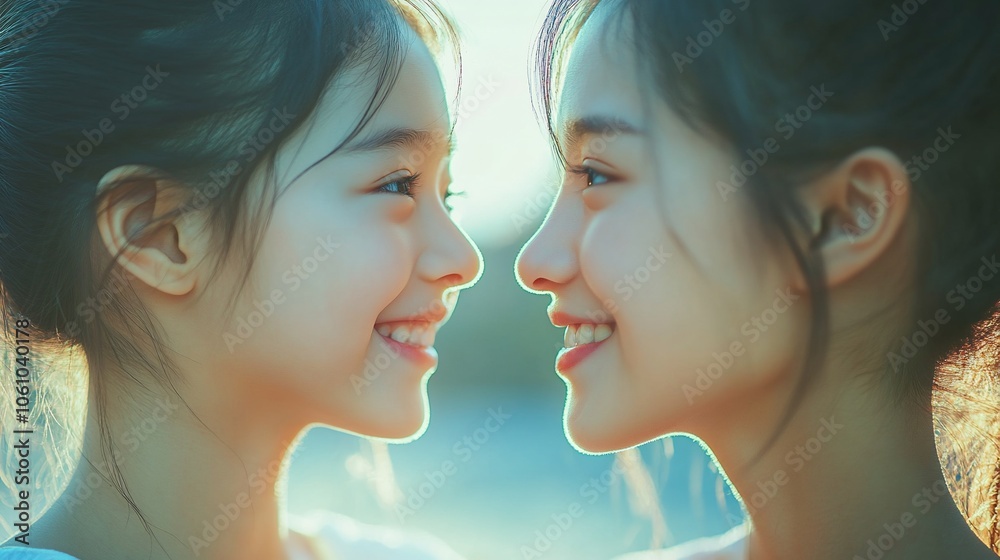 Two smiling young women face each other, their eyes meeting in a moment of connection and joy. Two smiling young women face each other, their eyes meeting in a moment of connection and joy.