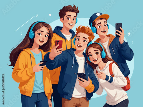 Young People use Smartphones, Chatting, making Selfie and listening Music. Happy Boys and Girls talking and typing on Phone. Female and Male Characters collection. Flat Cartoon Vector Illustration.