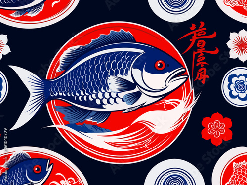 Illustration of cooking fish in traditional asian style. Ideal for oriental restaurant or souvenirs. Vector.