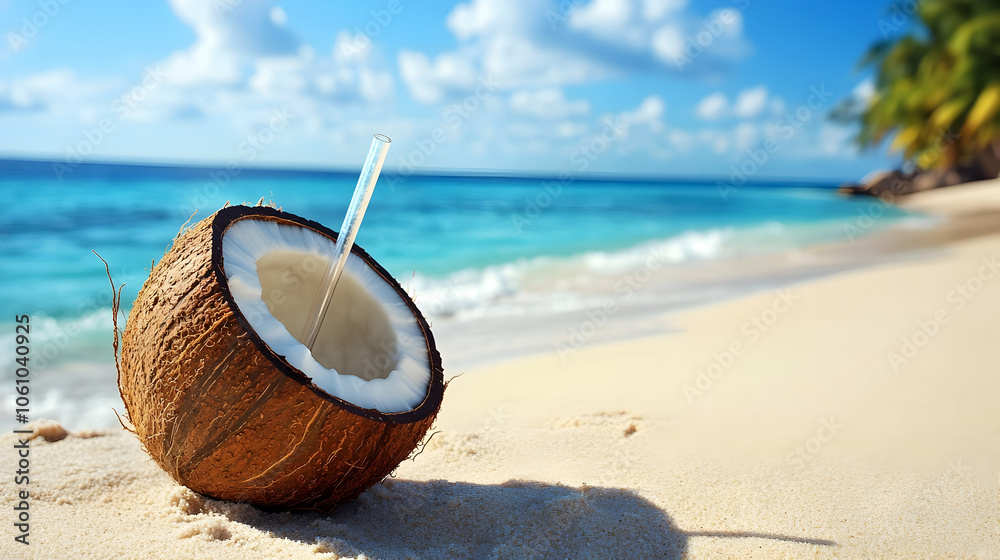 A refreshing coconut drink with a straw, placed on a sandy beach with a bright blue ocean in the background, representing tropical relaxation and refreshment.