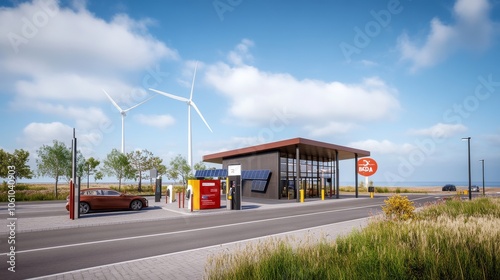  Estación de servicio moderna con molinos de viento en el fondo, representando el uso de energía renovable en un entorno soleado.
