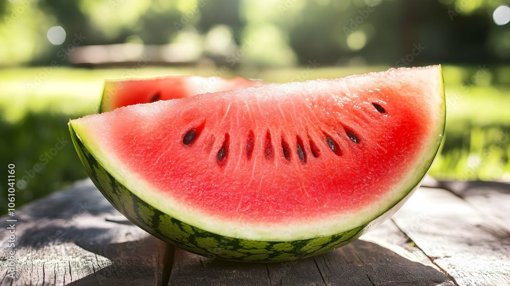 A set of watermelon wedges on a wooden table in a bright, natural outdoor setting, emphasizing their vibrant color and juicy texture. A set of watermelon wedges on a wooden table in a bright, natural outdoor setting, emphasizing their vibrant color and juicy texture.