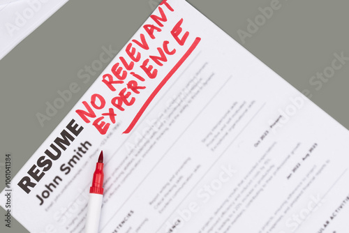 Fake mock CV (curriculum vitae) for John Smith, rejected by HR as not the right candidate with No relevant experience. Concept of job search, hiring mismatch, recruitment process, and rejection. 