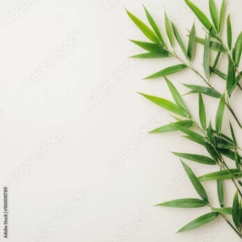 Green bamboo leaves on a white background, minimalist flatlay.