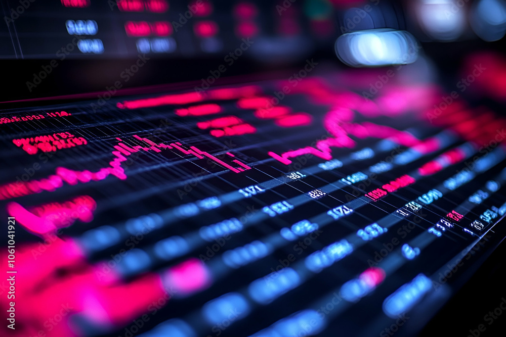 A close-up view of a digital stock market display featuring fluctuating graphs and numbers in vibrant colors, indicating market trends and volatility. A close-up view of a digital stock market display featuring fluctuating graphs and numbers in vibrant colors, indicating market trends and volatility.