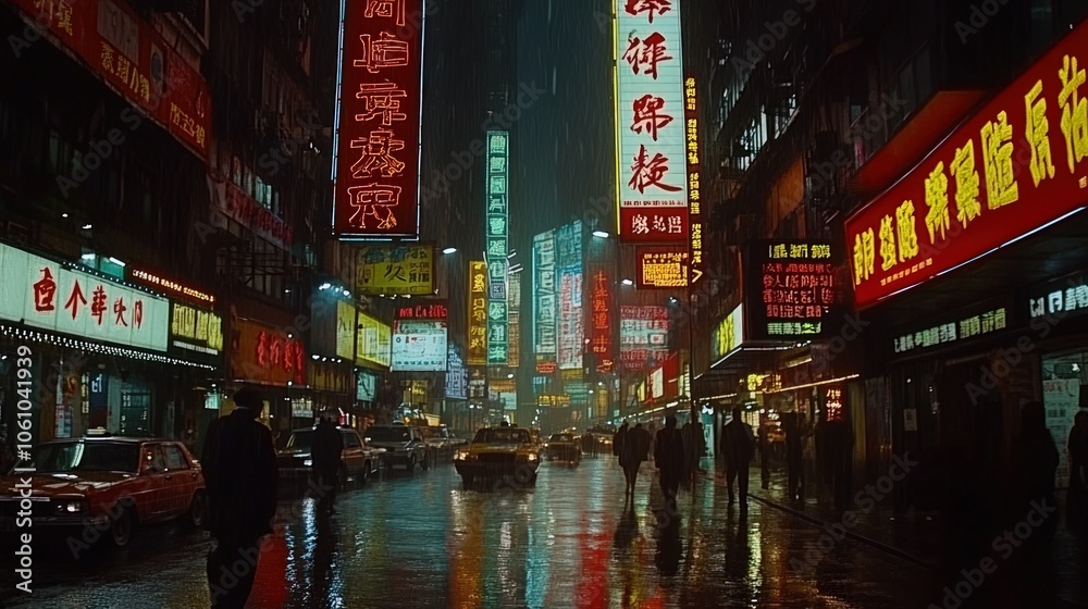 Neon signs illuminate a rainy city street at night, with a few pedestrians walking by. Neon signs illuminate a rainy city street at night, with a few pedestrians walking by.