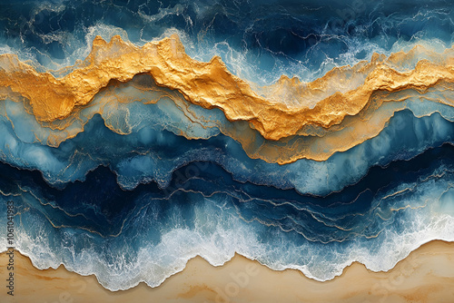 A vibrant, abstract representation of ocean waves with rich blue and golden hues, evoking a sense of calm and beauty.