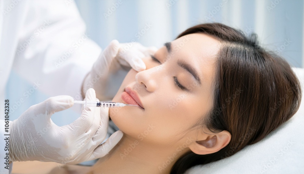 Dermal Filler Lip Enhancement: Close-up of a young woman receiving lip injections from a skilled dermatologist. Focus on the procedure's precision and the client's serene expression. Dermal Filler Lip Enhancement: Close-up of a young woman receiving lip injections from a skilled dermatologist. Focus on the procedure's precision and the client's serene expression.