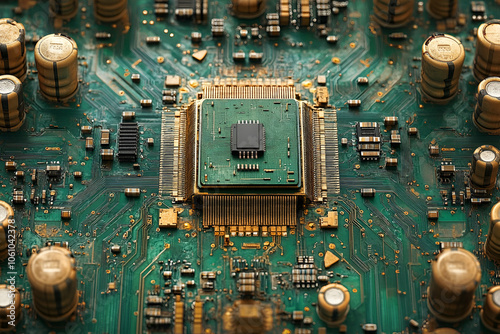 A close-up of a circuit board featuring a central processor, surrounded by gold and silver capacitors, showcasing intricate electronic design.