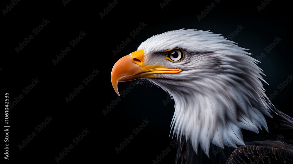 Close-up profile of a majestic american bald eagle with sharp gaze against a dark background with empty copy space for text. Close-up profile of a majestic american bald eagle with sharp gaze against a dark background with empty copy space for text.