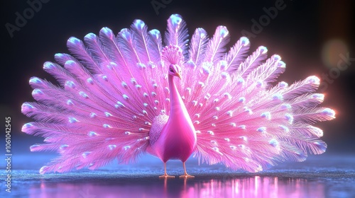 Pink peacock with its feathers spread in a dark blue background.