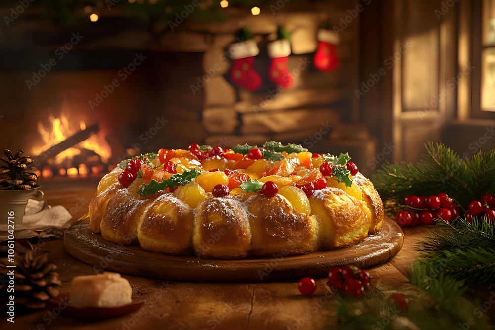 Naklejka premium Gâteau des Rois on a festive table in a cozy French chalet, adorned with jewel-toned candied fruits and sugar pearls. Warm lighting, pine branches, and a roaring fireplace enhance the holiday charm