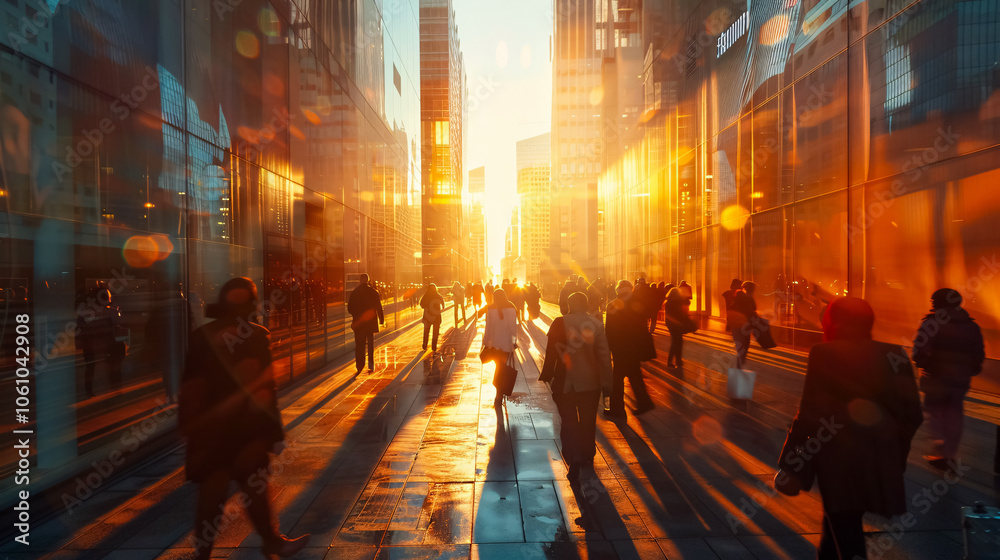 Lots of Business People Walking in the City of London: Blurred Image, Wide Panoramic View of Crossroad with People on a Sunny Day