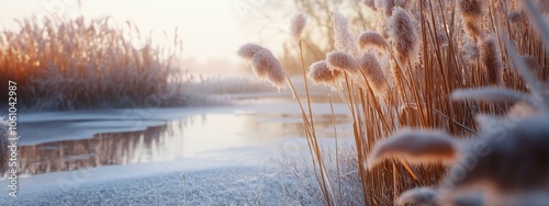 Frozen Pond with Frost-Covered Reeds