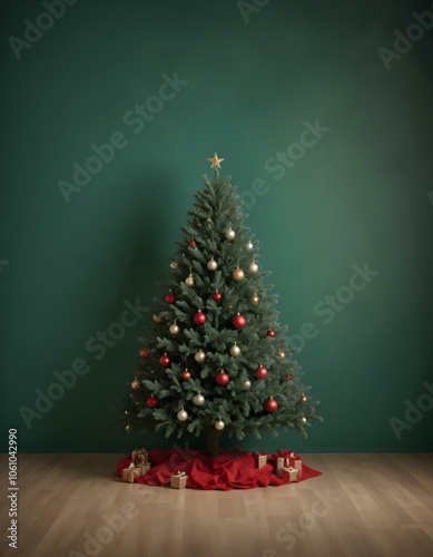 A flat lay of Christmas decorated paper, adorned with gold stars and silver ornaments, on a rustic dark  wooden table, with a cozy red and white knitted scarf beside it. fir beanches, small lights,  photo