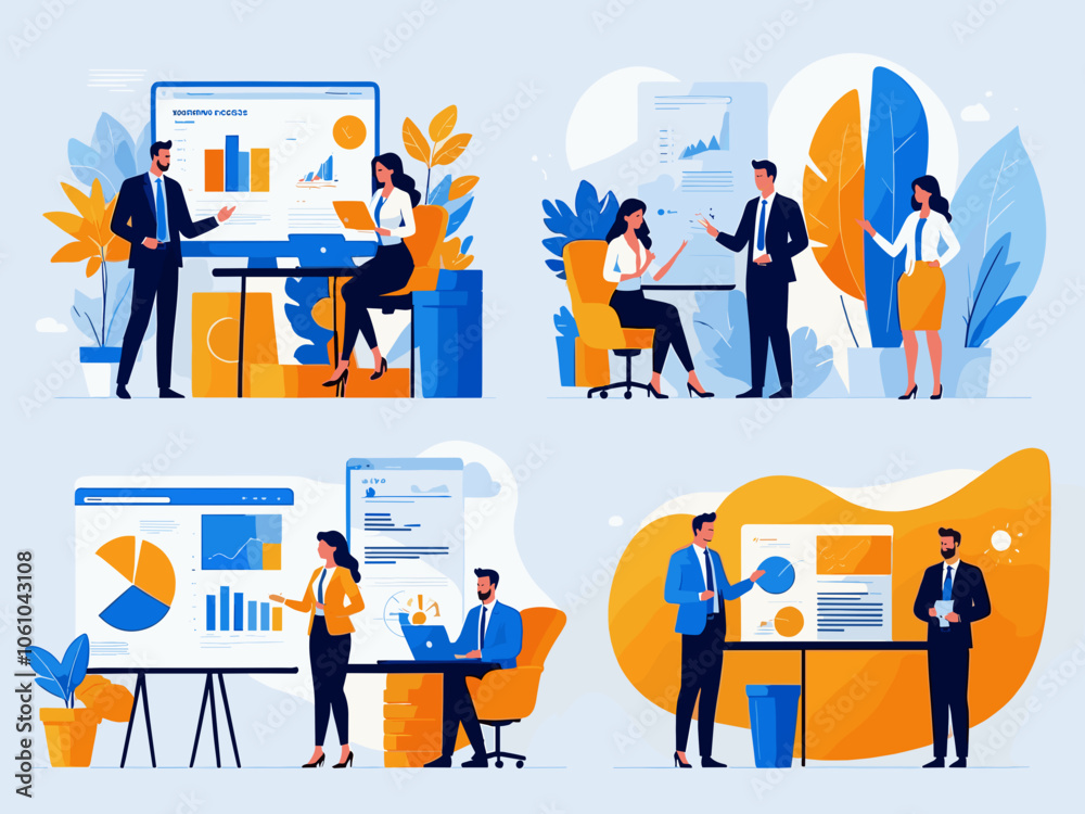 Fototapeta premium Business Teamwork illustrations. Collection of scenes with men and women taking part in business activities. Trendy style