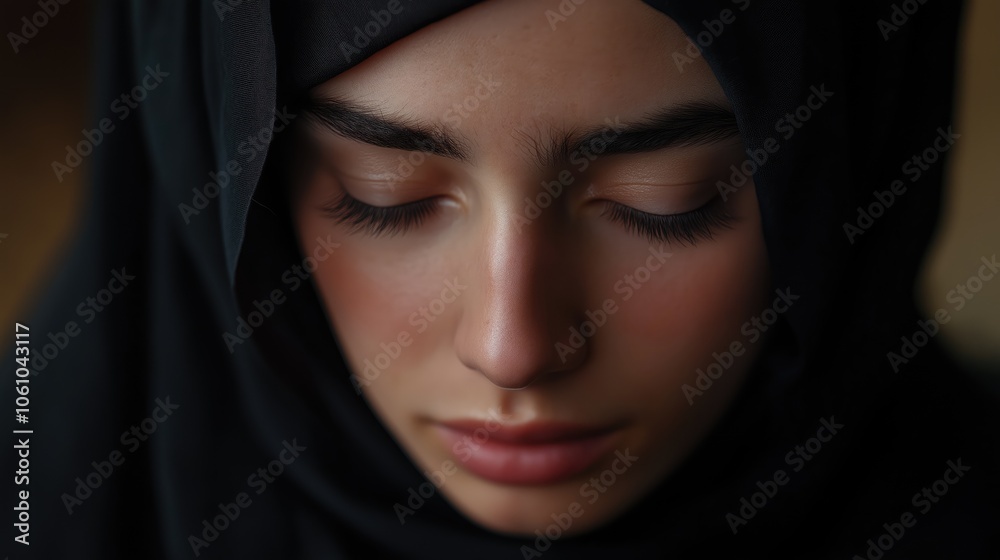 Face of a Muslim woman in a black hijab with closed eyes. Close-up. Face of a Muslim woman in a black hijab with closed eyes. Close-up.