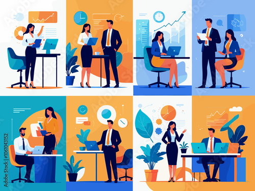 Business Teamwork illustrations. Collection of scenes with men and women taking part in business activities. Trendy style