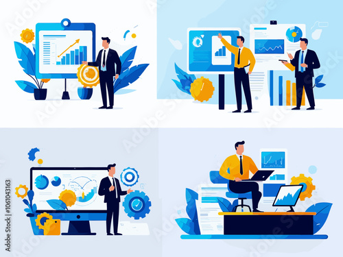 Business Teamwork illustrations. Collection of scenes with men and women taking part in business activities. Trendy style