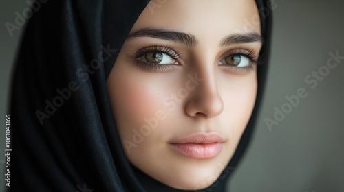 Portrait of a beautiful young Muslim woman in a black hijab. Close-up of the face.