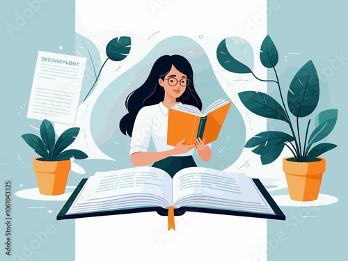Personal, professional growth and self development business concept illustrations. Read a book, Journal, Plan your day. Visual stories collection
