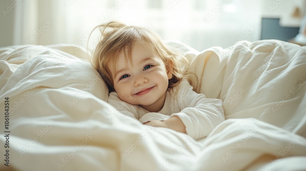 Smiling baby girl is lying on a white soft bed with a white blanket in a sunny bedroom. Smiling baby girl is lying on a white soft bed with a white blanket in a sunny bedroom.