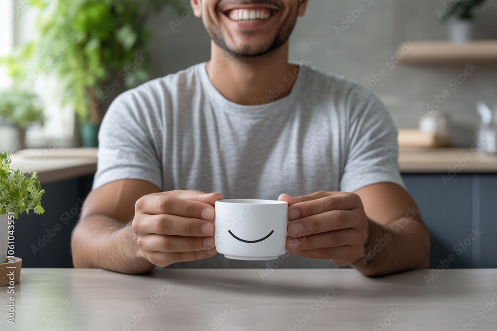 A cheerful man holds a coffee mug with a smiley face design, his own smile visible, creating a cheerful and positive atmosphere that radiates warmth and happiness in a cozy, plant-filled environment. A cheerful man holds a coffee mug with a smiley face design, his own smile visible, creating a cheerful and positive atmosphere that radiates warmth and happiness in a cozy, plant-filled environment.