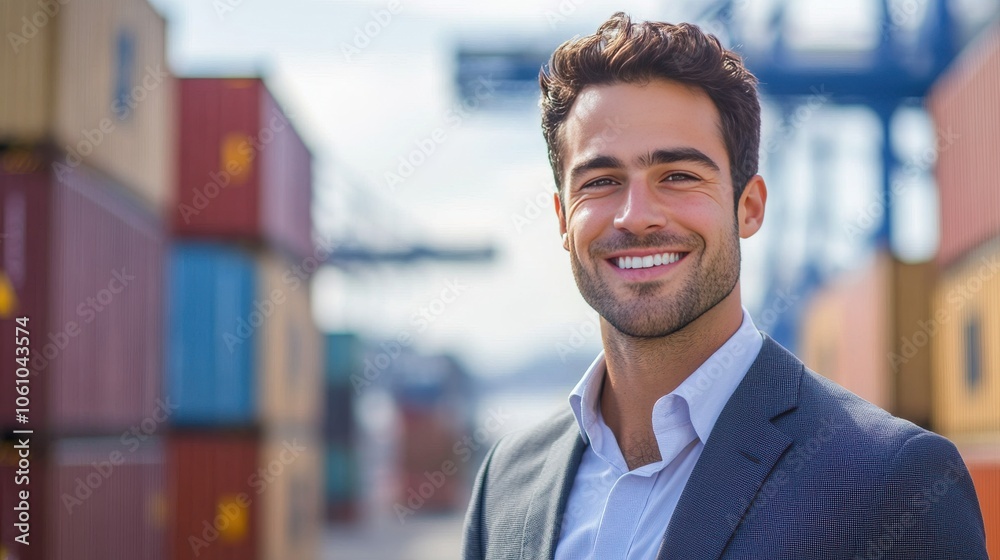 Confident Young Businessman Smiling in Front of Shipping Containers Confident Young Businessman Smiling in Front of Shipping Containers