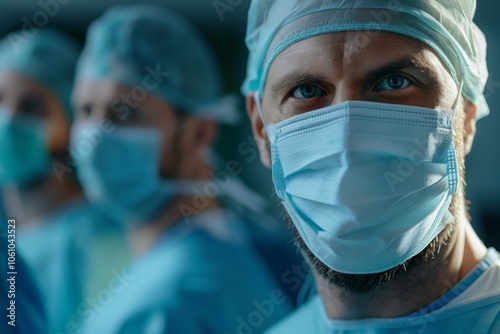 Portrait of surgeon wearing scrubs and protective glasses in hospital operating theater. Neural network ai generated art photo