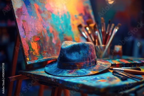 A colorful artist’s hat lies next to paint tubes and brushes on an easel in a lively studio filled with artistic inspiration. Generative AI photo