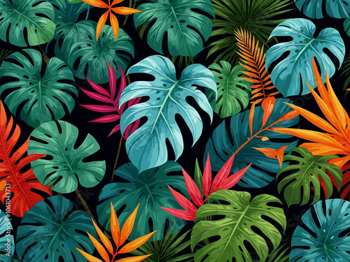 Set of Bright tropical backgrounds with jungle plants. Exotic patterns with tropical leaves