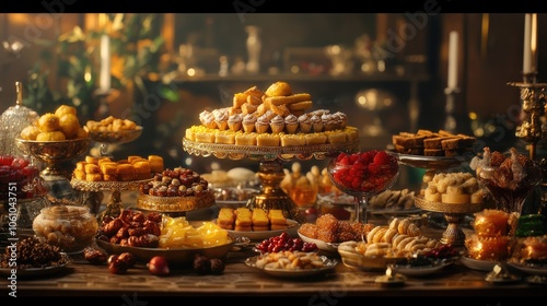 A beautifully decorated table filled with traditional sweets and treats for Shanteras festivities.