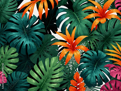 Set of Bright tropical backgrounds with jungle plants. Exotic patterns with tropical leaves