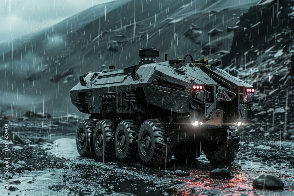 Naklejka premium Big and modern futuristic military car driving in rainy weather morning. Neural network ai generated art