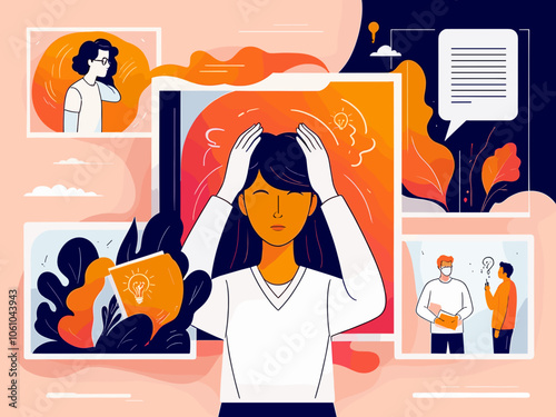 Mental health and psychology concept llustrations. Imposter syndrome, fear of criticism, creative burnout Visual Stories Collection.