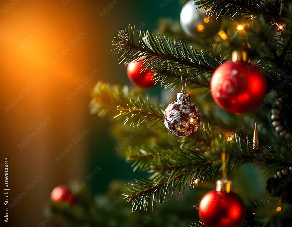 Fototapeta premium A flat lay of Christmas decorated paper, adorned with gold stars and silver ornaments, on a rustic dark wooden table, with a cozy red and white knitted scarf beside it. fir beanches, small lights,
