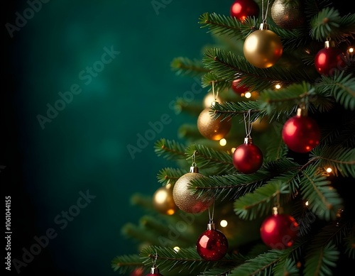 A flat lay of Christmas decorated paper, adorned with gold stars and silver ornaments, on a rustic dark  wooden table, with a cozy red and white knitted scarf beside it. fir beanches, small lights,  photo