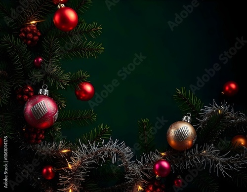 A flat lay of Christmas decorated paper, adorned with gold stars and silver ornaments, on a rustic dark  wooden table, with a cozy red and white knitted scarf beside it. fir beanches, small lights,  photo