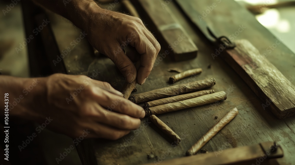 A skilled person is creating handrolled cigars on a wooden table A skilled person is creating handrolled cigars on a wooden table
