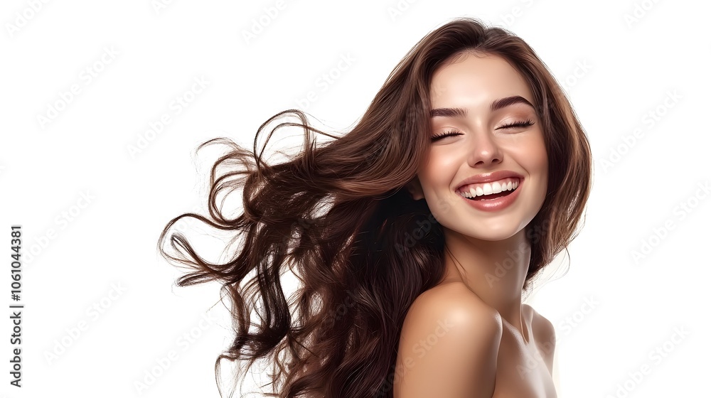 Beauty brunette laughing young woman with long shiny curly hair on white background Beauty brunette laughing young woman with long shiny curly hair on white background