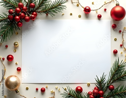 A flat lay of Christmas decorated paper, adorned with gold stars and silver ornaments, on a rustic dark  wooden table, with a cozy red and white knitted scarf beside it. fir beanches, small lights,  photo